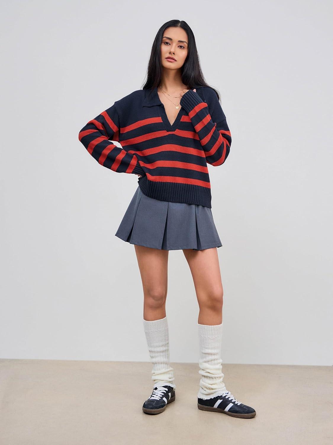 imageCIDER Womens Polo Sweater Striped Collared Lightweight Long Sleeve V Neck Pullover Fall Sweater Tops 2025Navy Blue