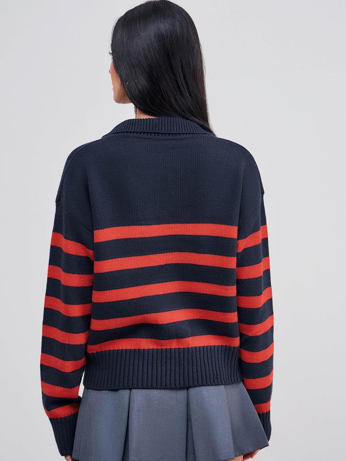 imageCIDER Womens Polo Sweater Striped Collared Lightweight Long Sleeve V Neck Pullover Fall Sweater Tops 2025Navy Blue