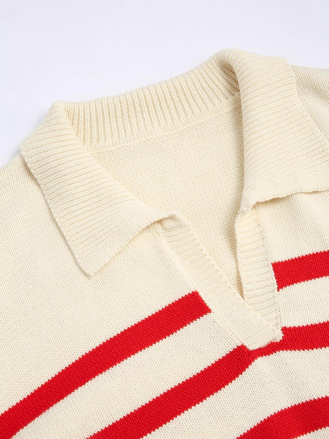 imageCIDER Womens Polo Sweater Striped Collared Lightweight Long Sleeve V Neck Pullover Fall Sweater Tops 2025Red