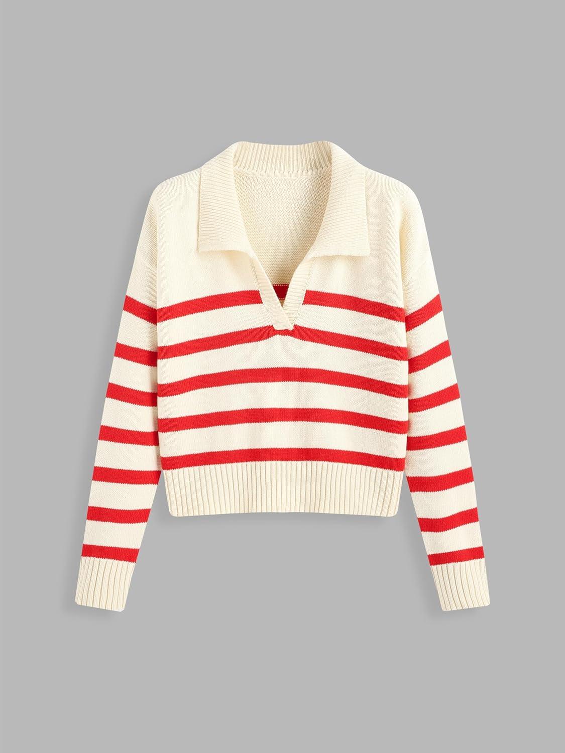 imageCIDER Womens Polo Sweater Striped Collared Lightweight Long Sleeve V Neck Pullover Fall Sweater Tops 2025Red