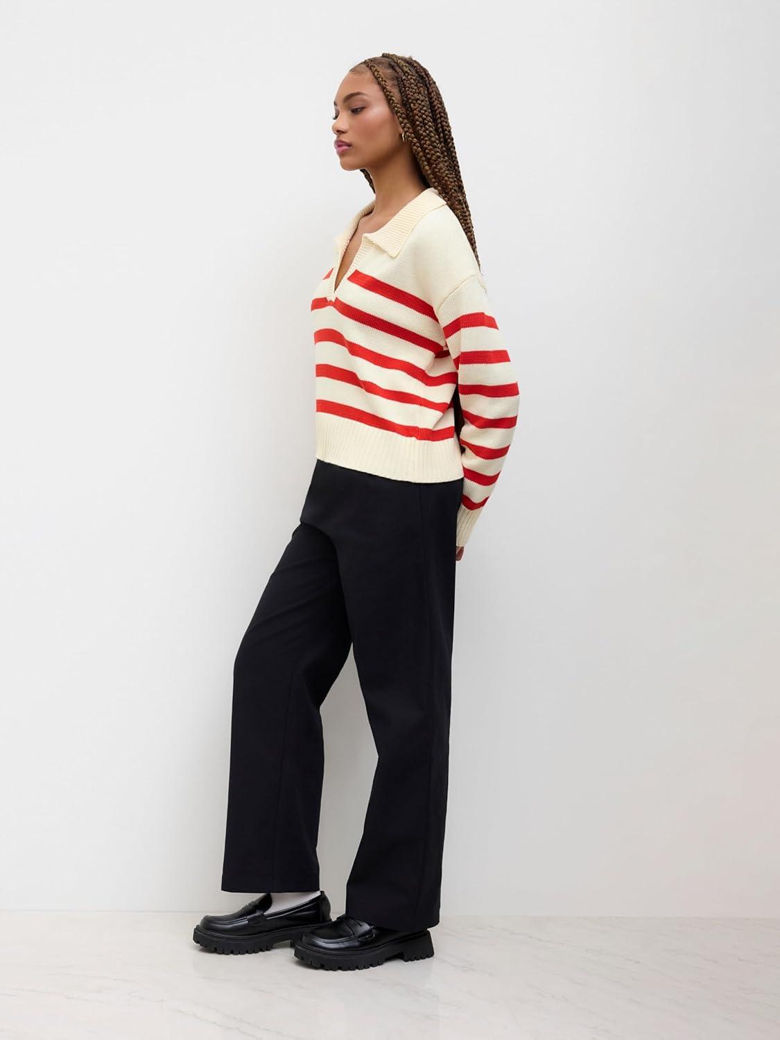 imageCIDER Womens Polo Sweater Striped Collared Lightweight Long Sleeve V Neck Pullover Fall Sweater Tops 2025Red