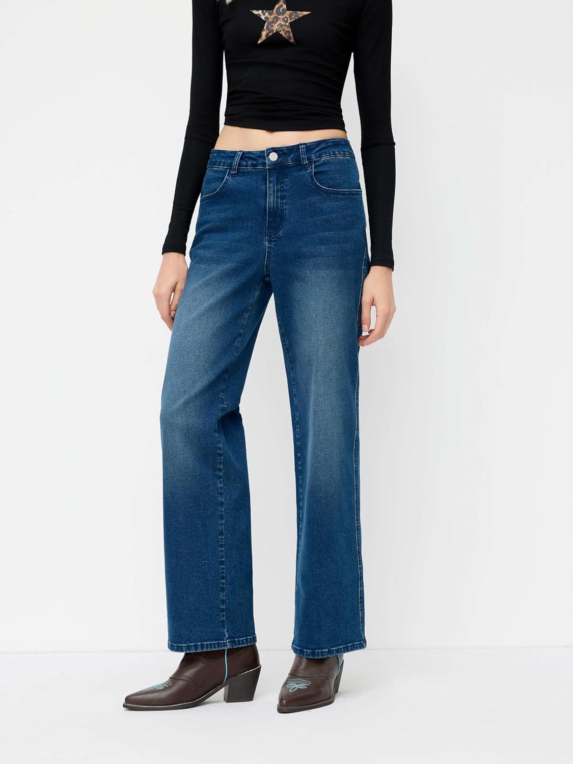 imageCIDER Womens Straight Leg Jean Mid Waist Trendy Fall Fashion Denim Pant Slim Basic Casual Business Boyfriend JeansMid Blue