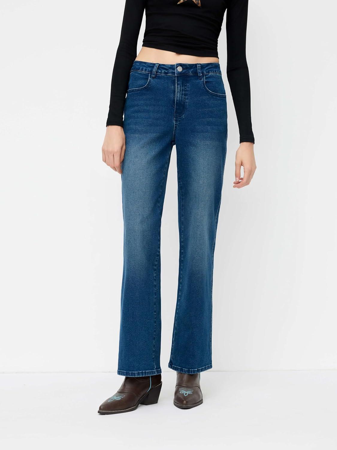 imageCIDER Womens Straight Leg Jean Mid Waist Trendy Fall Fashion Denim Pant Slim Basic Casual Business Boyfriend JeansMid Blue