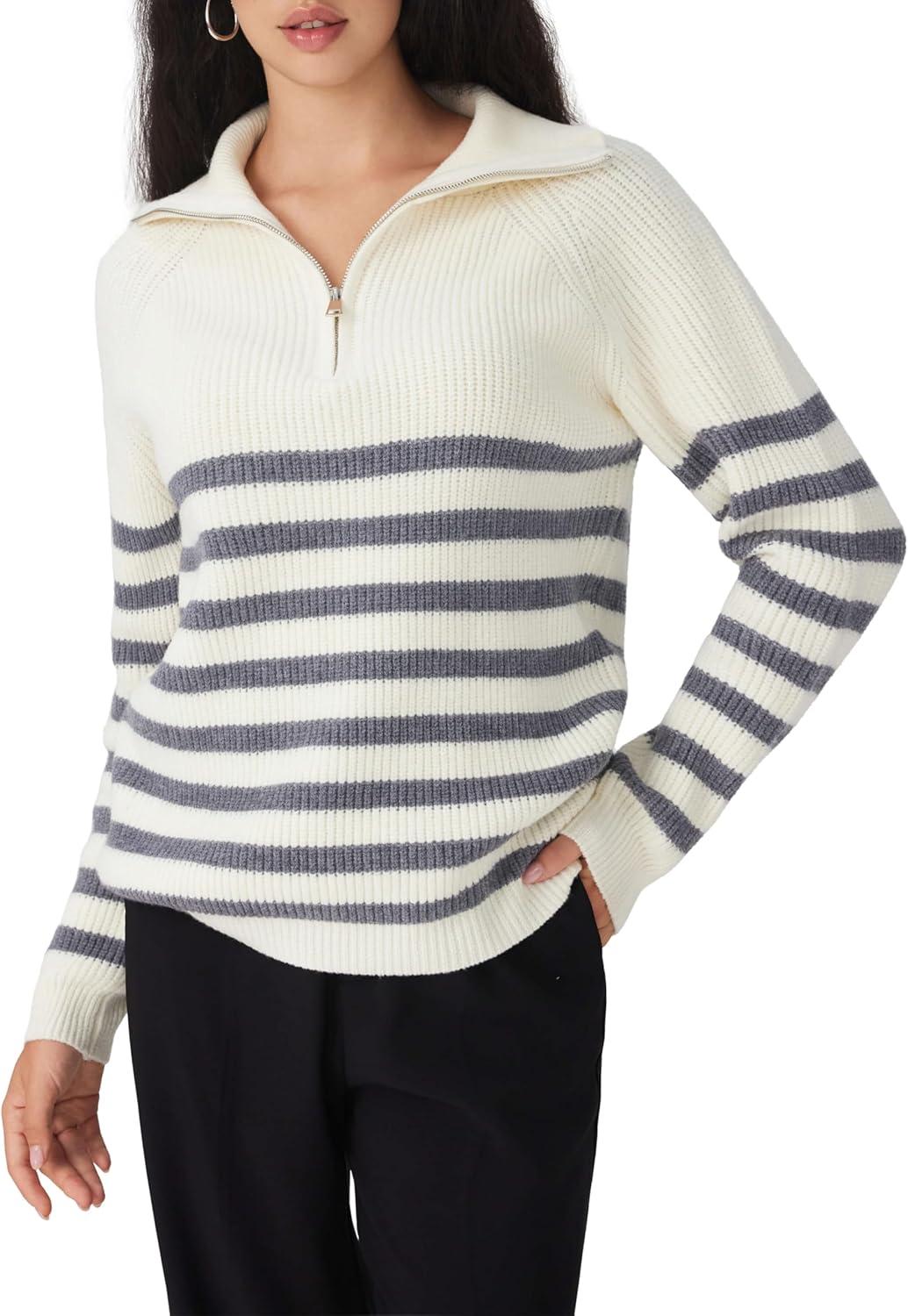 imageCIDER Womens Striped Quarter Zip Pullover Sweater Mock Neck Knit Fall Fashion Casual SweaterWhite
