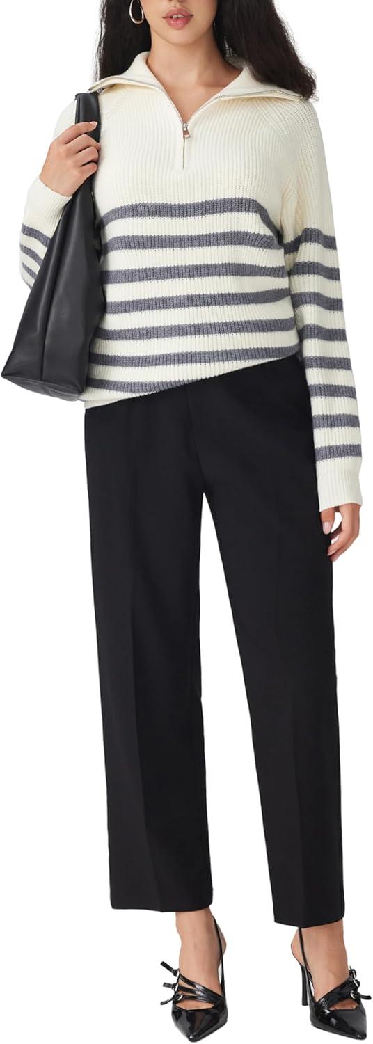 imageCIDER Womens Striped Quarter Zip Pullover Sweater Mock Neck Knit Fall Fashion Casual SweaterWhite