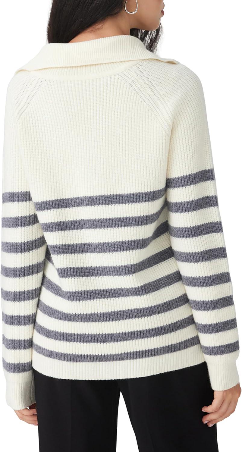 imageCIDER Womens Striped Quarter Zip Pullover Sweater Mock Neck Knit Fall Fashion Casual SweaterWhite