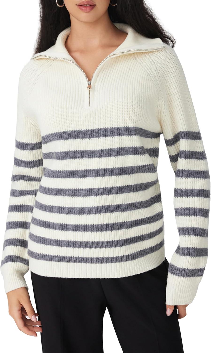 imageCIDER Womens Striped Quarter Zip Pullover Sweater Mock Neck Knit Fall Fashion Casual SweaterWhite