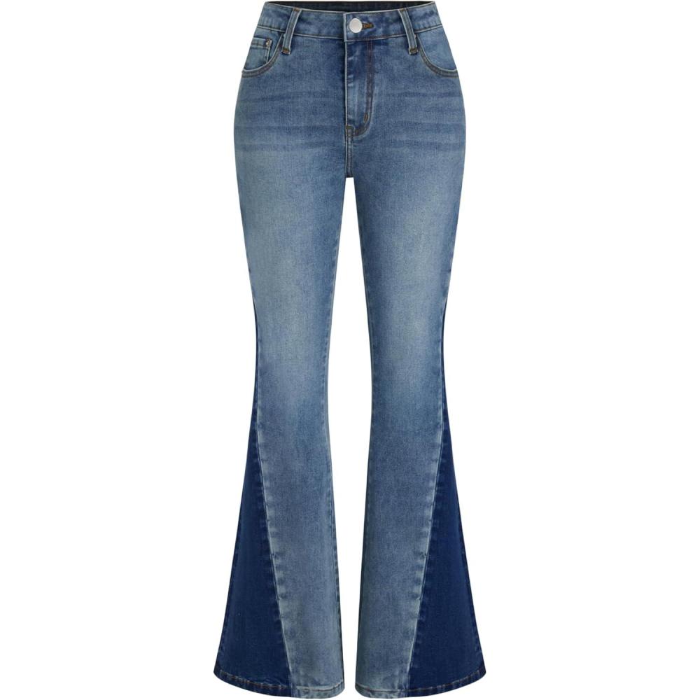 imageCIDER Flare Jeans Bell Bottoms for Women High Stretch Patched Bootcut with PocketsMid Blue