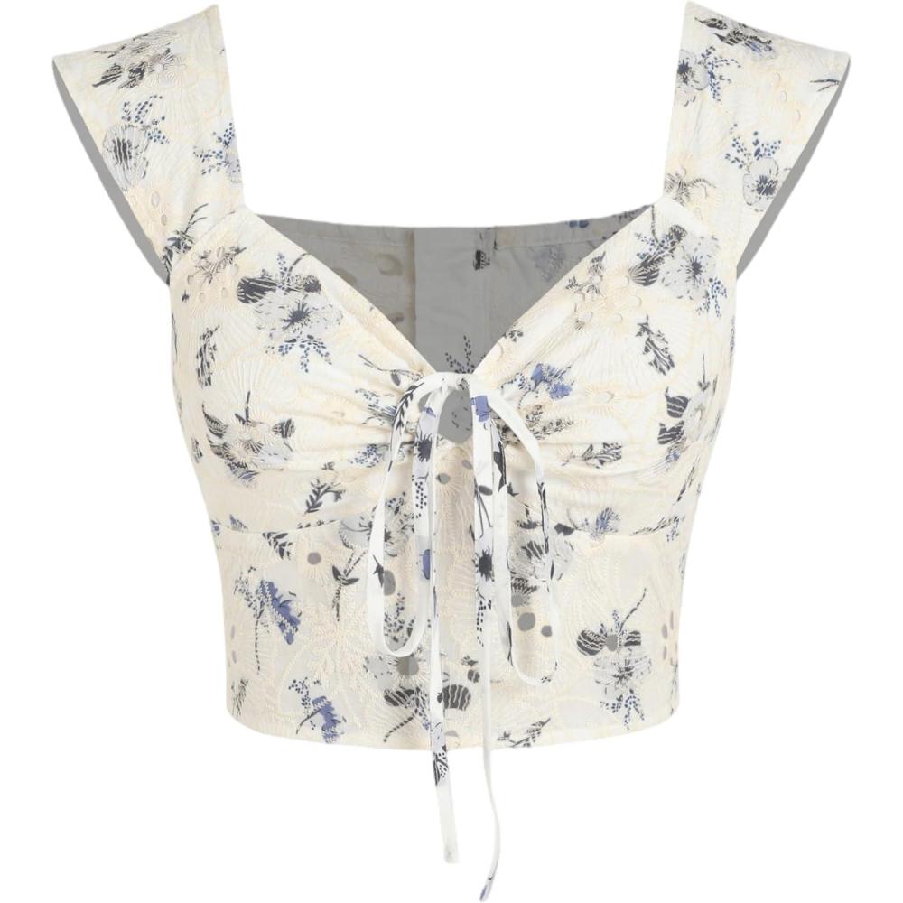 imageCIDER Floral Zipper Knotted Crop TopBeige