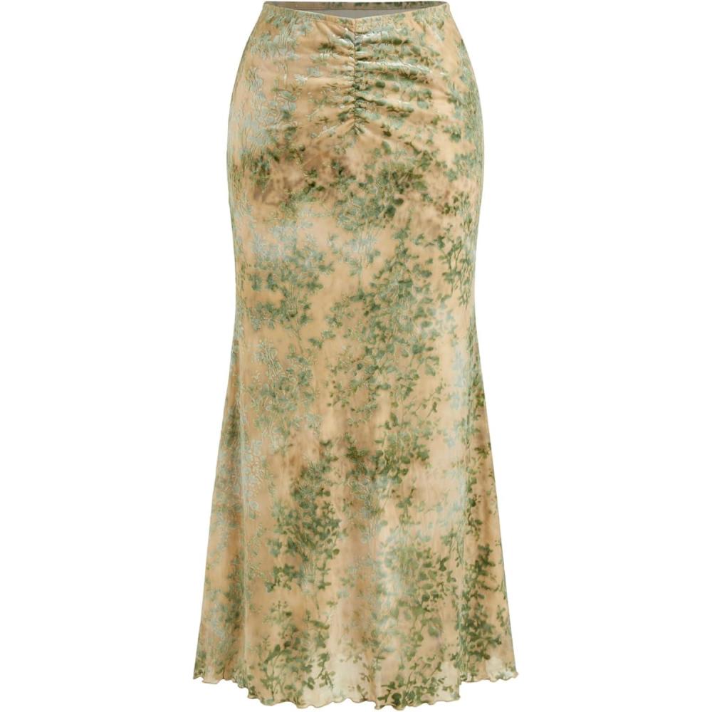 imageCIDER High Waist Skirts for Women Mermaid Skirt Fishtail Ruched Bodycon Long Maxi Skirt Lettuce Trim StretchyFloral Light Green