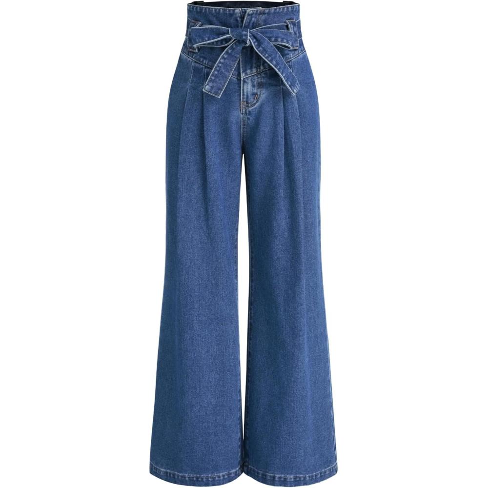 imageCIDER High Waist Solid Bowknot Wide Leg JeansDenim