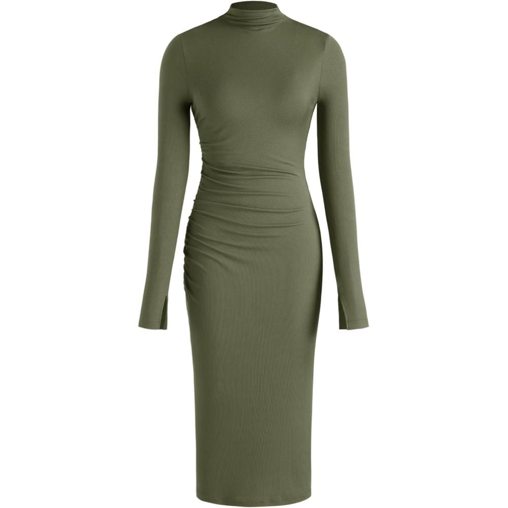 imageCIDER Long Sleeve Dress for Women High Neck Ribbed Knit Bodycon Ruched Midi Dress Cocktail Party Sweater Solid DressOlive Green