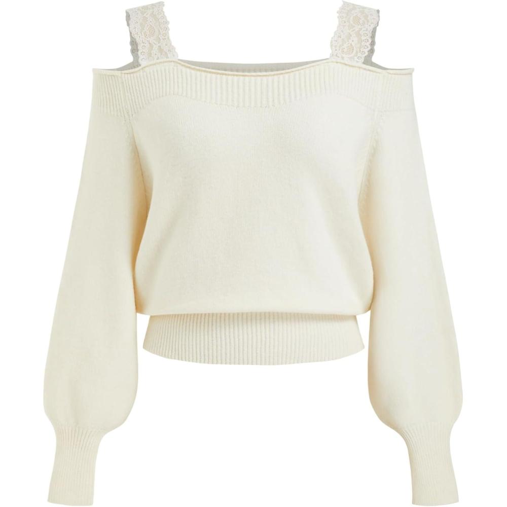 imageCIDER Off The Shoulder Sweaters for Women Lace Trim Long Sleeve Cropped Sweaters Knitted Pullover Sweater Trendy FallBeige