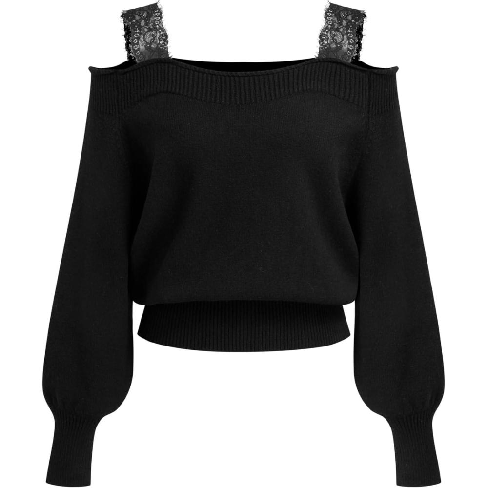 imageCIDER Off The Shoulder Sweaters for Women Lace Trim Long Sleeve Cropped Sweaters Knitted Pullover Sweater Trendy FallBlack