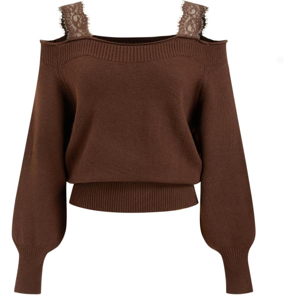 imageCIDER Off The Shoulder Sweaters for Women Lace Trim Long Sleeve Cropped Sweaters Knitted Pullover Sweater Trendy FallBrown