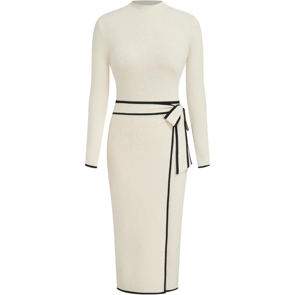 imageCIDER Sweater Dress for Women Long Sleeve Dress Mock Turtleneck Bow Tie Midi Work Dresses Old Money Dresses Fall WinterBeige