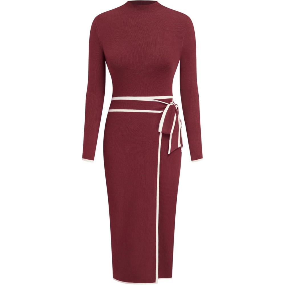 imageCIDER Sweater Dress for Women Long Sleeve Dress Mock Turtleneck Bow Tie Midi Work Dresses Old Money Dresses Fall WinterBurgundy