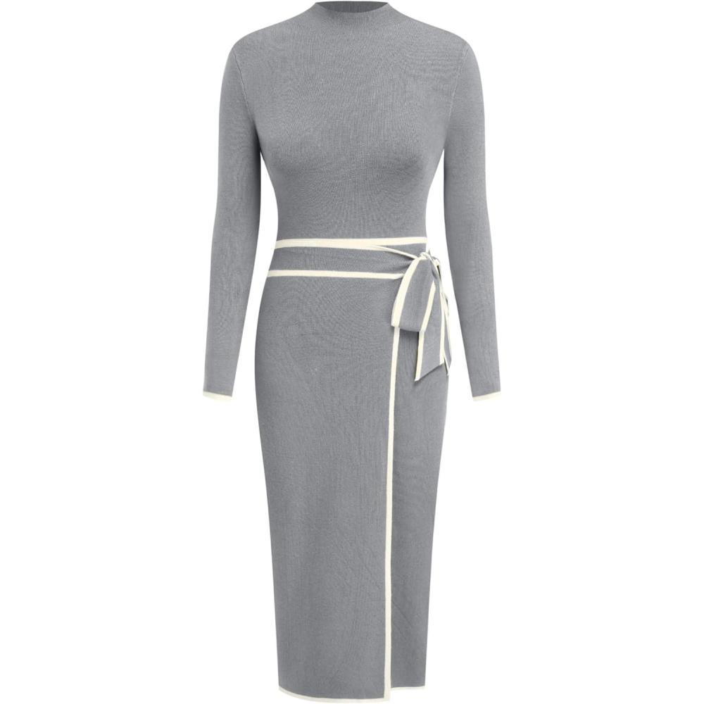 imageCIDER Sweater Dress for Women Long Sleeve Dress Mock Turtleneck Bow Tie Midi Work Dresses Old Money Dresses Fall WinterGrey