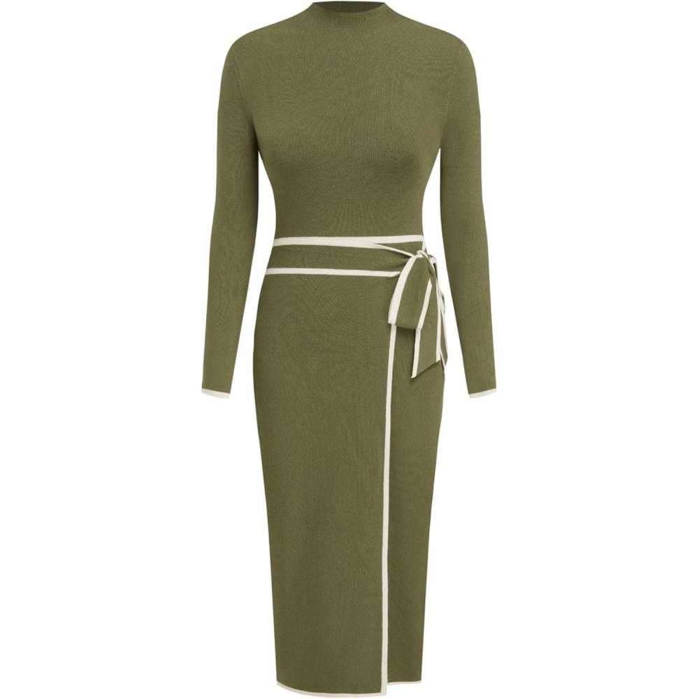 imageCIDER Sweater Dress for Women Long Sleeve Dress Mock Turtleneck Bow Tie Midi Work Dresses Old Money Dresses Fall WinterOlive Green
