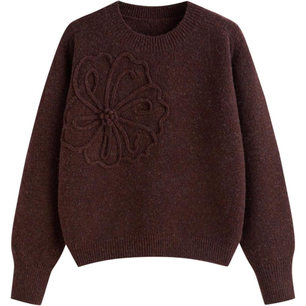 imageCIDER Womens Cute Sweater Crew Neck Long Sleeve Floral Pullover Fall Winter Sweaters Loose Fit Knit TopBrown