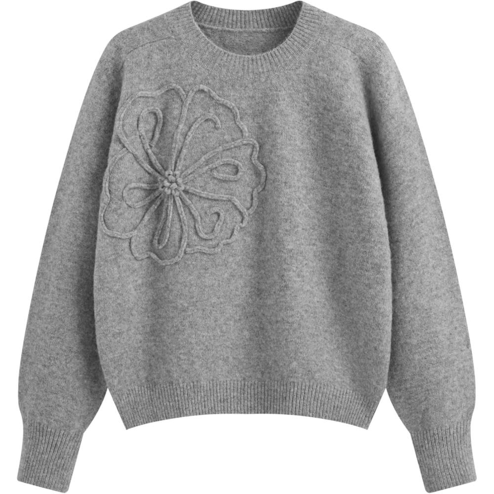 imageCIDER Womens Cute Sweater Crew Neck Long Sleeve Floral Pullover Fall Winter Sweaters Loose Fit Knit TopDark Grey