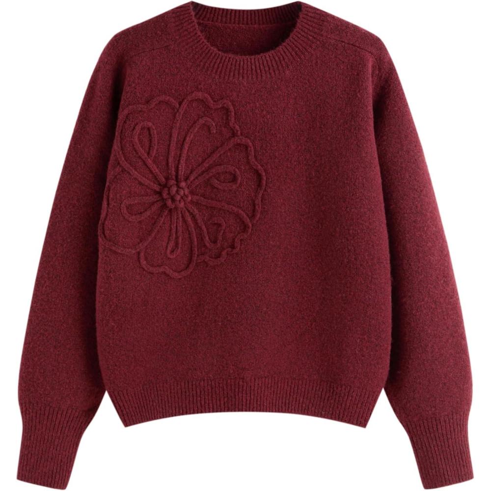 imageCIDER Womens Cute Sweater Crew Neck Long Sleeve Floral Pullover Fall Winter Sweaters Loose Fit Knit TopWine