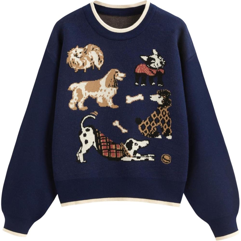 imageCIDER Womens Fall Cozy Sweaters Cute Sweaters Dog Graphic Long Sleeve Crewneck Soft Knit Casual Pullover Trendy 2025Navy Blue