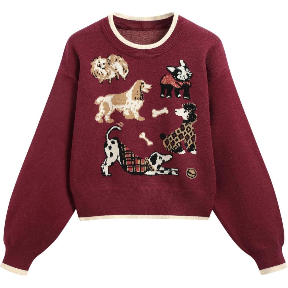 imageCIDER Womens Fall Cozy Sweaters Cute Sweaters Dog Graphic Long Sleeve Crewneck Soft Knit Casual Pullover Trendy 2025Wine