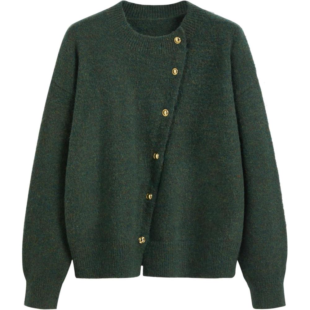 imageCIDER Womens Knit Cardigan Trendy Crew Neck Button Down Long Sleeve Cozy Fall Fashion Sweater Loose Fit Wool TopDark Green