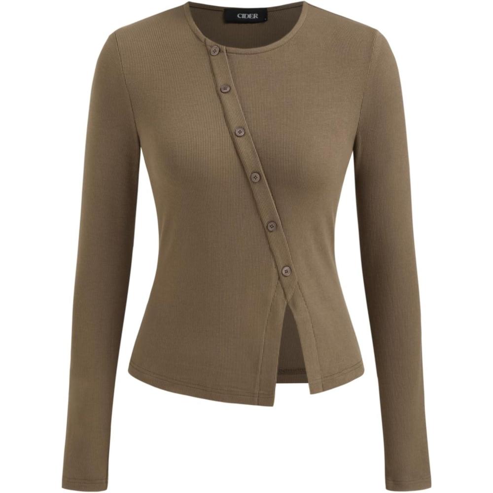 imageCIDER Womens Long Sleeve Tops Button Going Out Tops Trendy Split Hem Solid Shirts Casual Fall OutfitsBrown