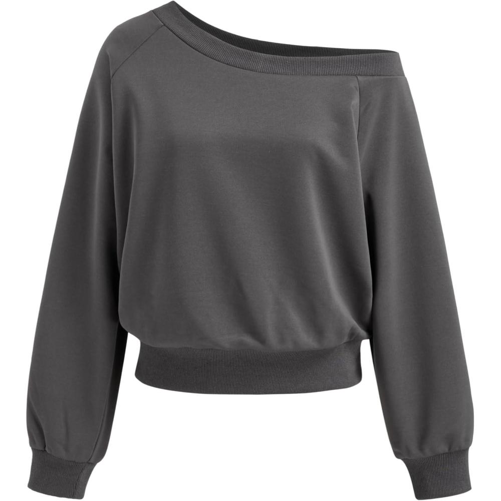 imageCIDER Womens Off Shoulder Sweatshirt Y2k Fall Fashion 2025 Long Sleeve Pullover Ruched Basic Casual Cute TopsDark Grey
