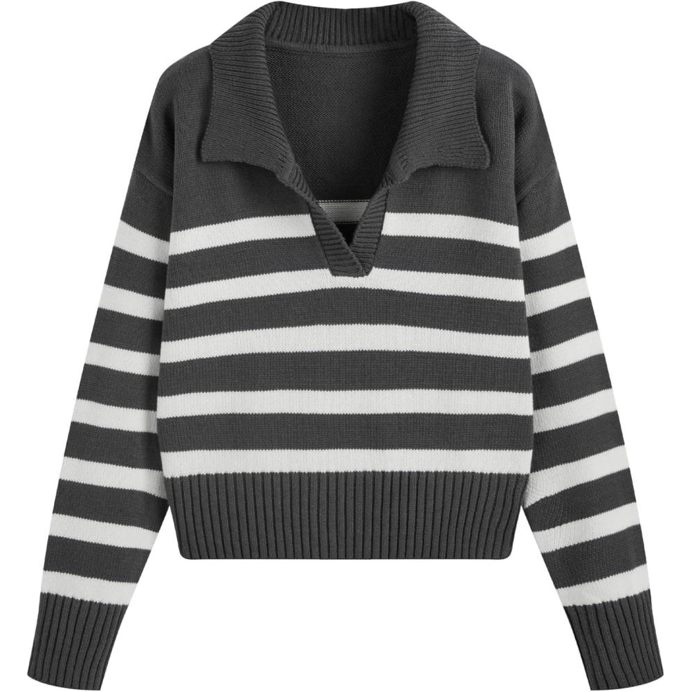 imageCIDER Womens Polo Sweater Striped Collared Lightweight Long Sleeve V Neck Pullover Fall Sweater Tops 2025Grey