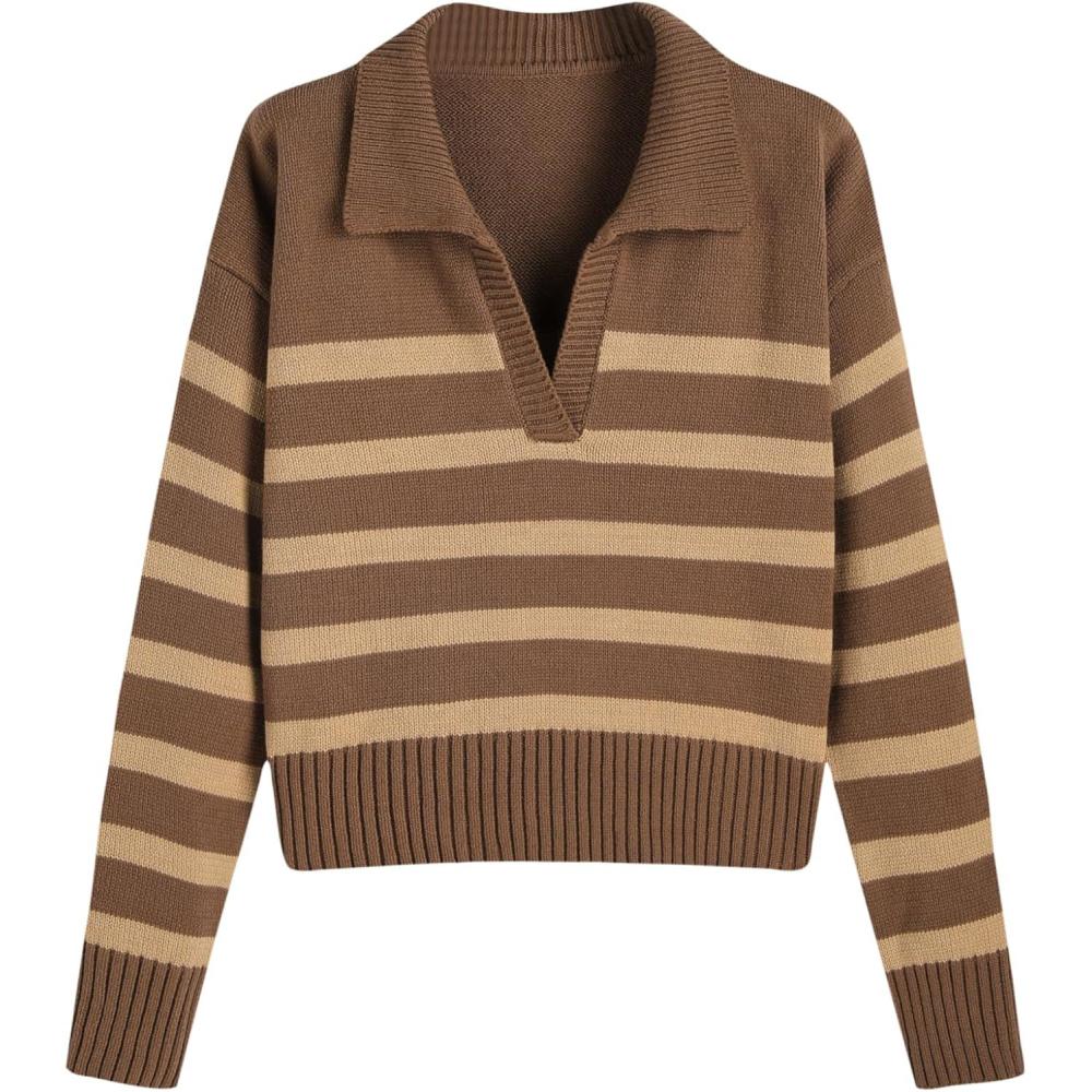 imageCIDER Womens Polo Sweater Striped Collared Lightweight Long Sleeve V Neck Pullover Fall Sweater Tops 2025Khaki