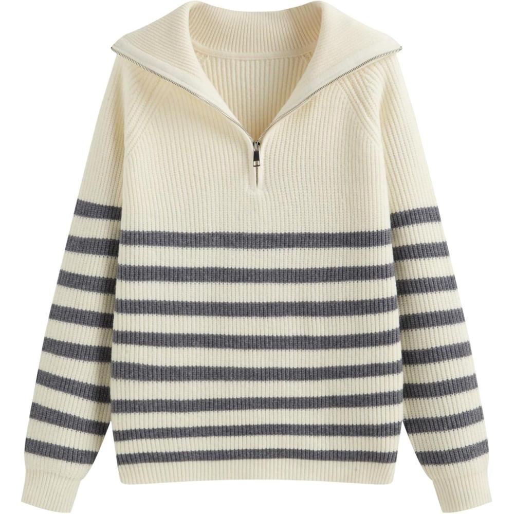 imageCIDER Womens Striped Quarter Zip Pullover Sweater Mock Neck Knit Fall Fashion Casual SweaterWhite