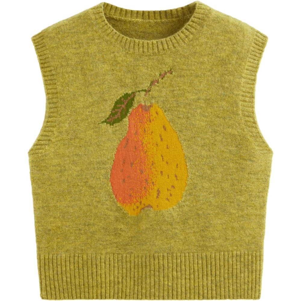 imageCIDER Womens Sweater Vest Knit Sleeveless Pear Cute Graphic Sweater Vest Tank Top Fall OutfitsOlive Green