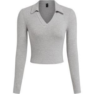 CIDER Fitted Long Sleeve Shirts for Women – V Neck Polo Shirts Business Casual Collared Work Tops Fitted Spring Fall Shirt(Grey)
