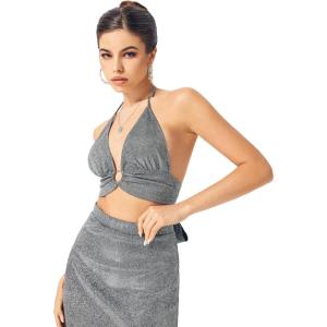 CIDER Glitter O-Ring Backless Halter Crop Top(Silver)