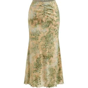 CIDER High Waist Skirts for Women Mermaid Skirt Fishtail Ruched Bodycon Long Maxi Skirt Lettuce Trim Stretchy(Floral Light Green)