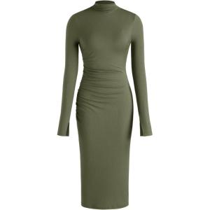 CIDER Long Sleeve Dress for Women High Neck Ribbed Knit Bodycon Ruched Midi Dress Cocktail Party Sweater Solid Dress(Olive Green)