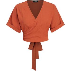 CIDER Miami Sunset Vacation V-Neck Wrap Knotted Crop Short Sleeve Top(Brown)