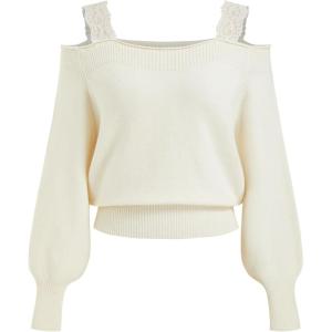 CIDER Off The Shoulder Sweaters for Women Lace Trim Long Sleeve Cropped Sweaters Knitted Pullover Sweater Trendy Fall(Beige)