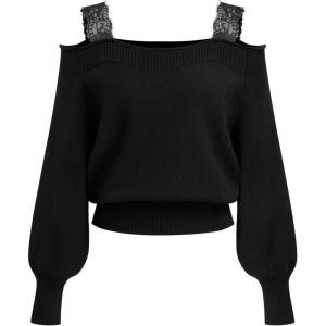 CIDER Off The Shoulder Sweaters for Women Lace Trim Long Sleeve Cropped Sweaters Knitted Pullover Sweater Trendy Fall(Black)