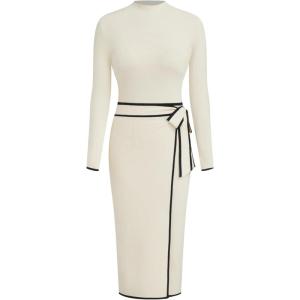 CIDER Sweater Dress for Women Long Sleeve Dress Mock Turtleneck Bow Tie Midi Work Dresses Old Money Dresses Fall Winter(Beige)