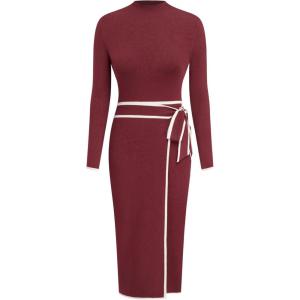CIDER Sweater Dress for Women Long Sleeve Dress Mock Turtleneck Bow Tie Midi Work Dresses Old Money Dresses Fall Winter(Burgundy)