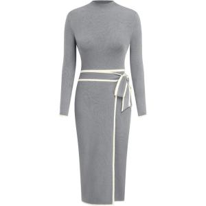 CIDER Sweater Dress for Women Long Sleeve Dress Mock Turtleneck Bow Tie Midi Work Dresses Old Money Dresses Fall Winter(Grey)