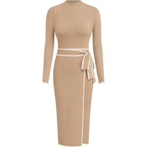 CIDER Sweater Dress for Women Long Sleeve Dress Mock Turtleneck Bow Tie Midi Work Dresses Old Money Dresses Fall Winter(Khaki)