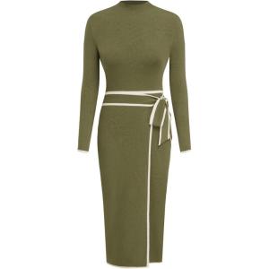 CIDER Sweater Dress for Women Long Sleeve Dress Mock Turtleneck Bow Tie Midi Work Dresses Old Money Dresses Fall Winter(Olive Green)