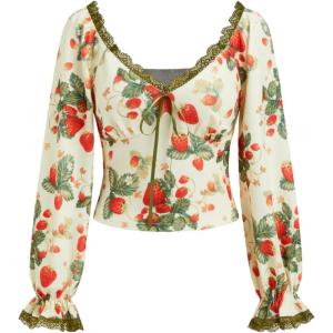 CIDER Women’s Cute Crop Tops Strawberry Long Sleeve Tops Lace Trim V Neck Shirts Casual Spring Fall Outfits Y2K(Multicolor)