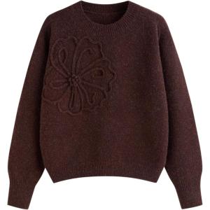 CIDER Women’s Cute Sweater Crew Neck Long Sleeve Floral Pullover Fall Winter Sweaters Loose Fit Knit Top(Brown)