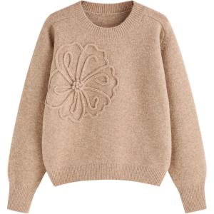 CIDER Women’s Cute Sweater Crew Neck Long Sleeve Floral Pullover Fall Winter Sweaters Loose Fit Knit Top(Khaki)